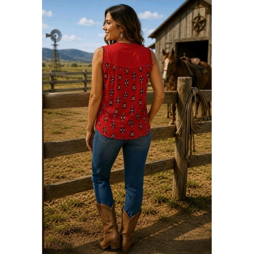 Lucky Brand Sleeveless Top Size S Tassel‎ Tie Neck Lace Accents Red Southwestern - Picture 2 of 8